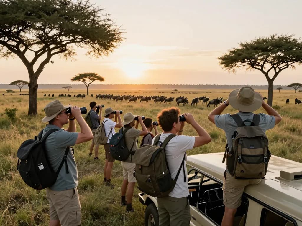 Best Tanzania adventure tours featuring travelers in Serengeti National Park, spotting wildlife during sunrise.