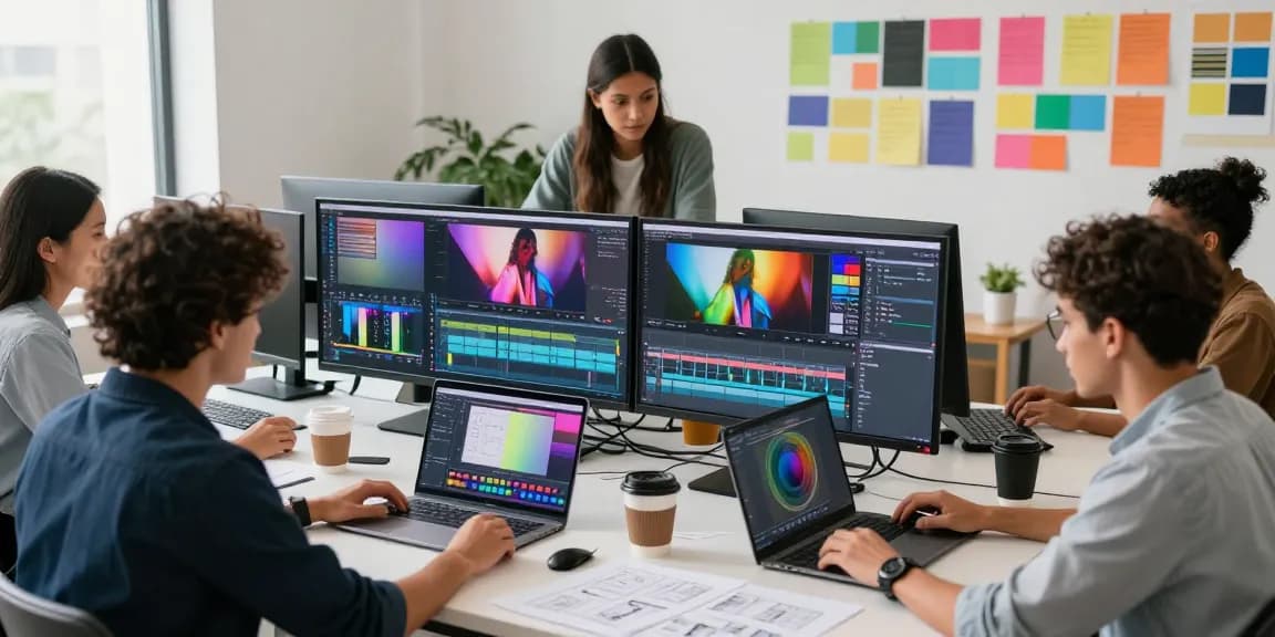 Learn color correction and cinematic grading through collaborative teamwork in a vibrant video editing studio.