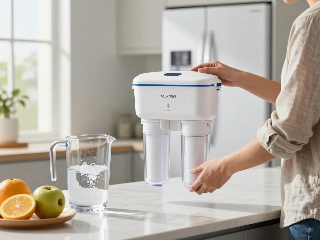 AQUA CREST 4396508 Replacement for Everydrop® Filter 5 being installed in a modern kitchen setting.