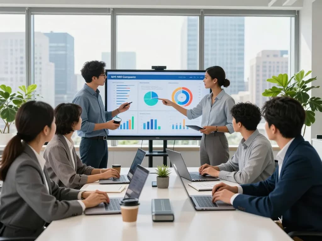 Team collaborating in a modern office setting discussing strategies for an NYC SEO Company, showcasing data and analytics.