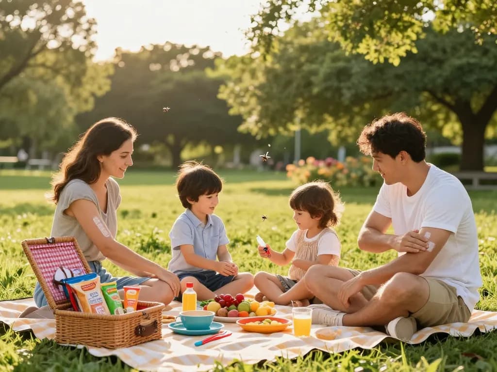The best mosquito repellent in use during a joyful family picnic in a sunny park setting.