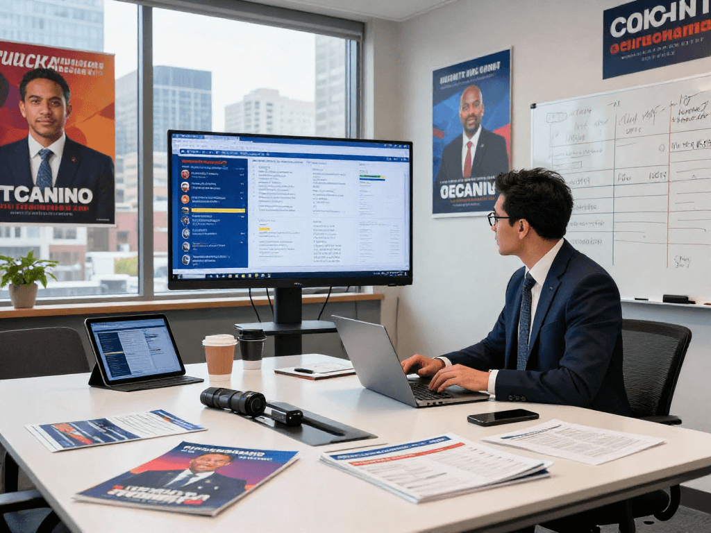 Political fundraising platform workspace with data analysis and strategy discussions in a modern campaign office.