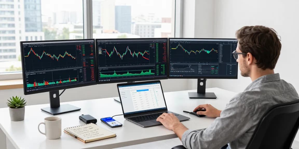 Profitable cloud mining platform displayed on monitors in modern cryptocurrency workspace with security-focused elements and trading tools.