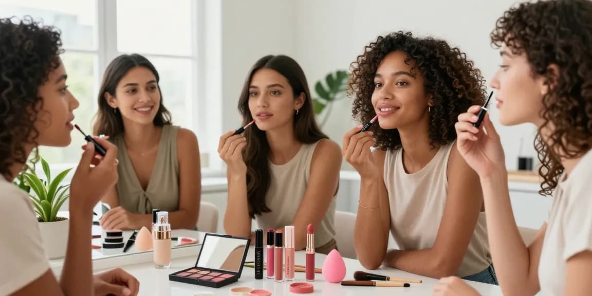 Women applying wholesale make up in a modern bathroom, showcasing natural beauty.