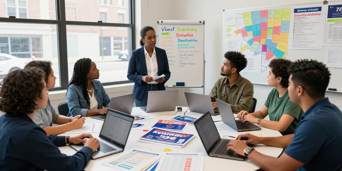 Team strategizing google political ads verification in a campaign meeting.