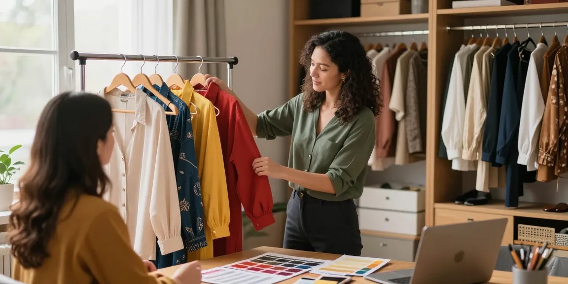 Consulente di armocromia che analizza il guardaroba di una cliente con colori vivaci