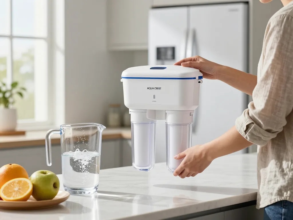 AQUA CREST 4396508 Replacement for Everydrop® Filter 5 being installed in a modern kitchen setting.