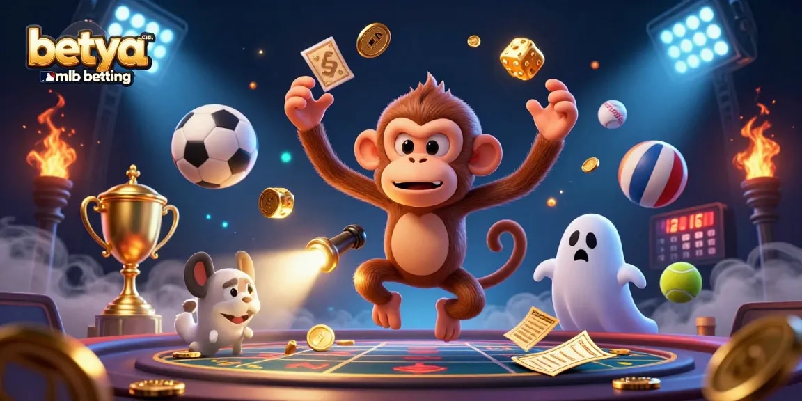 Experience betya.com mlb betting with a lively illustration of a playful monkey and puppy in a haunted casino.