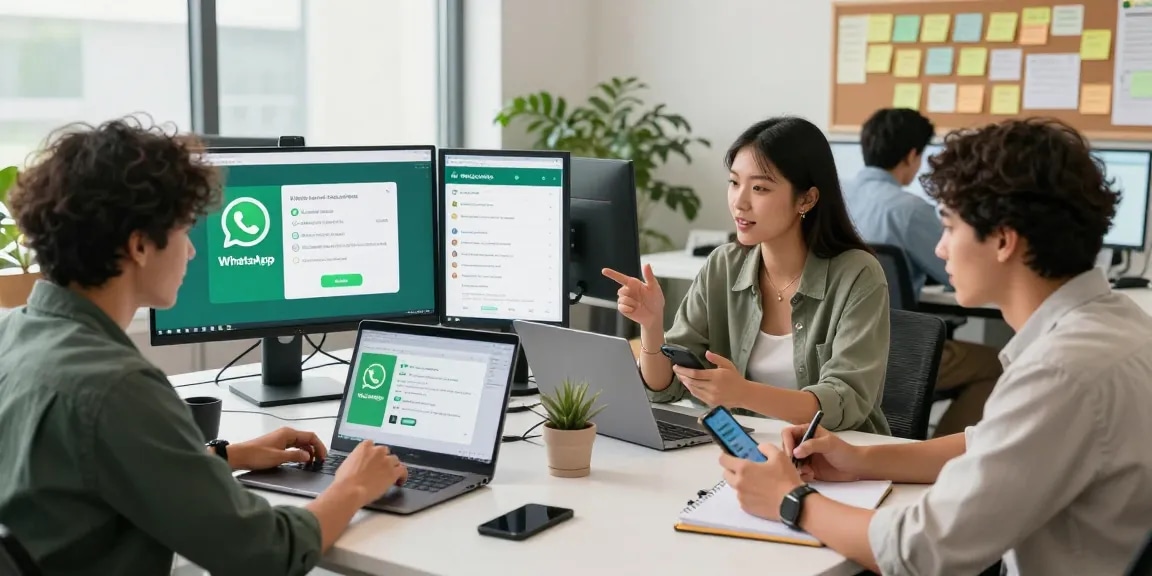 Team collaboration in modern workspace showcasing WhatsApp下載 features on devices.