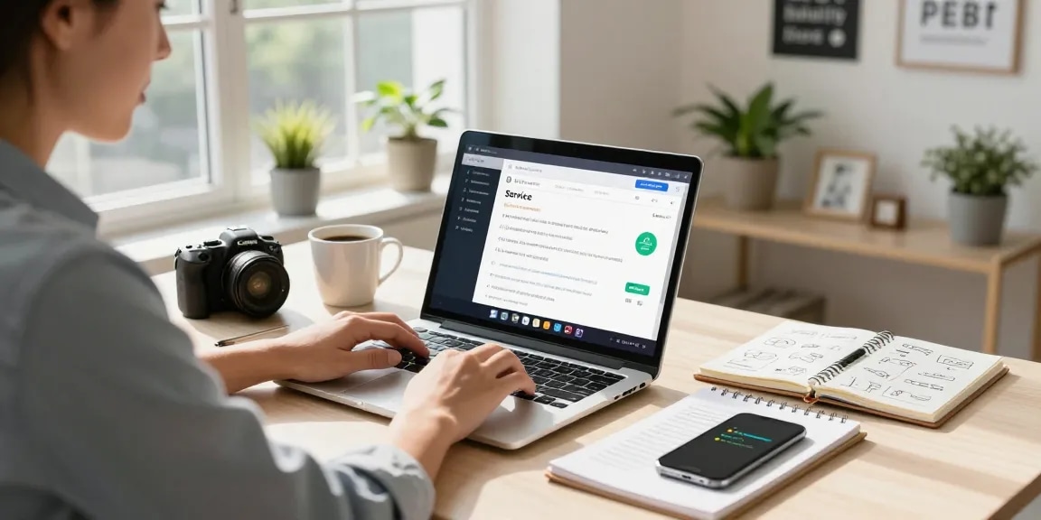 Self-employed contractor focused on enhancing their online presence in a well-organized workspace with laptop and notes.