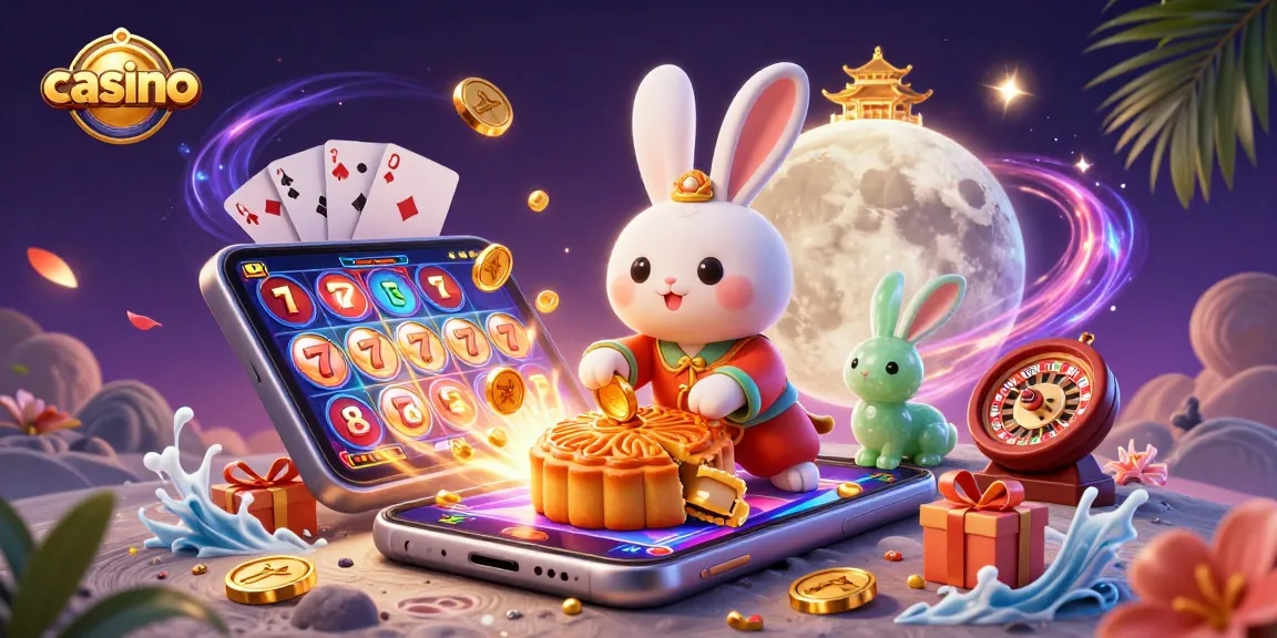 Engaging casino scene with a moon rabbit revealing poker chips, vibrant slot games, and mesmerizing visuals.