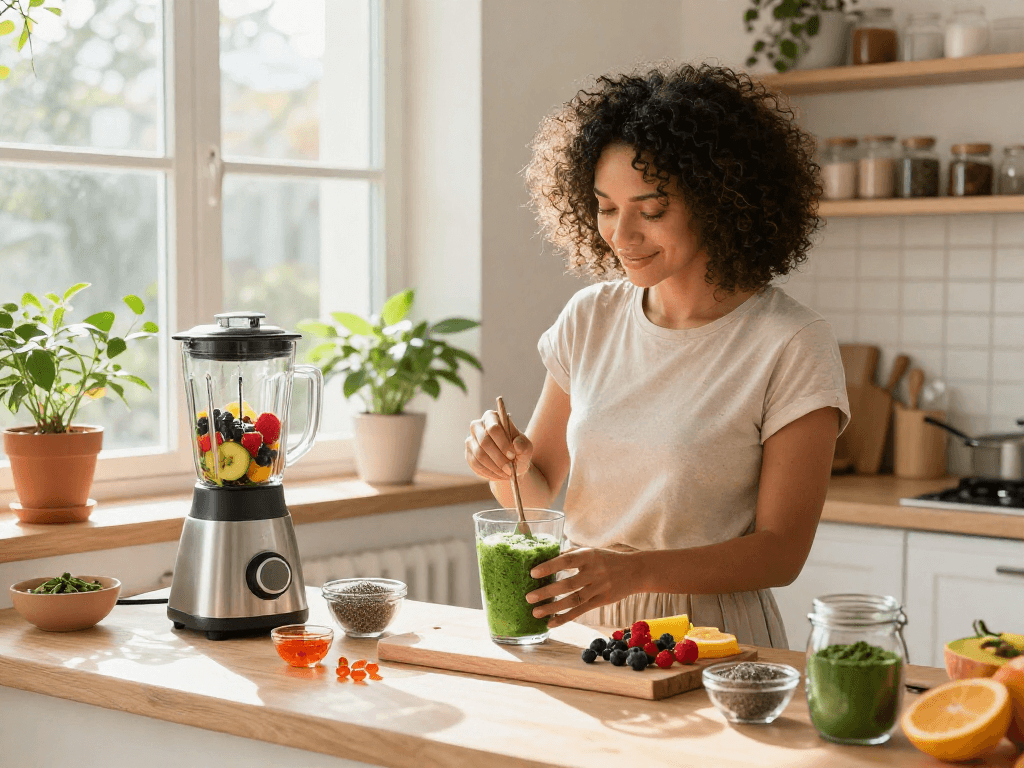 Preparing a smoothie rich in astaxanthin and superfoods in a bright kitchen.