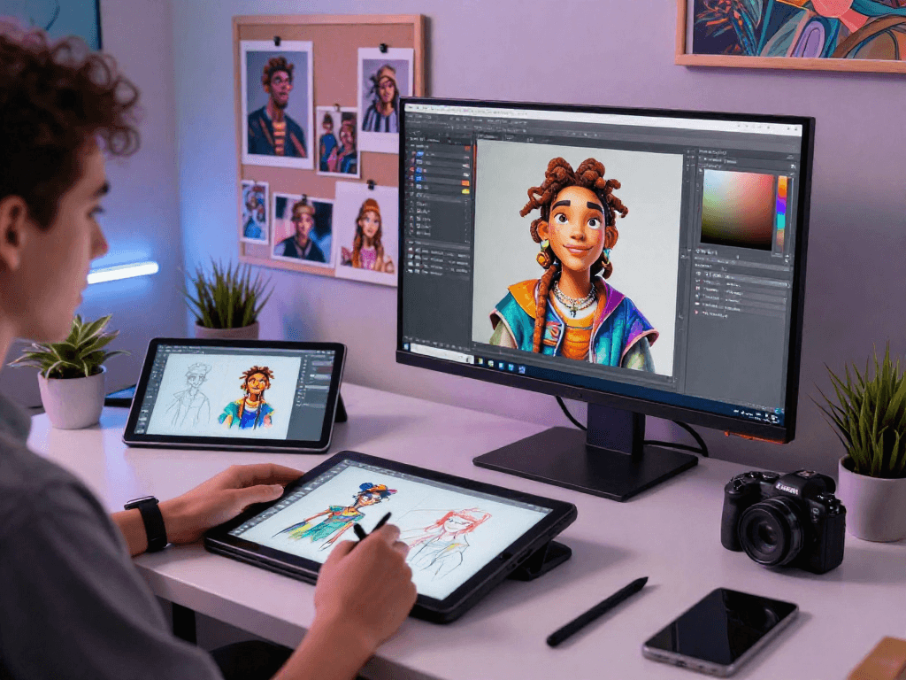 Creative professional designing character ai nsfw in vibrant digital art studio
