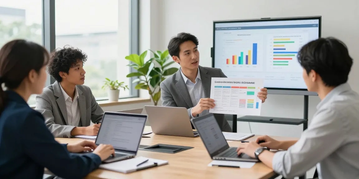 Team collaborating on Qualitätsstandards einsehen in a modern office setting with quality metrics.