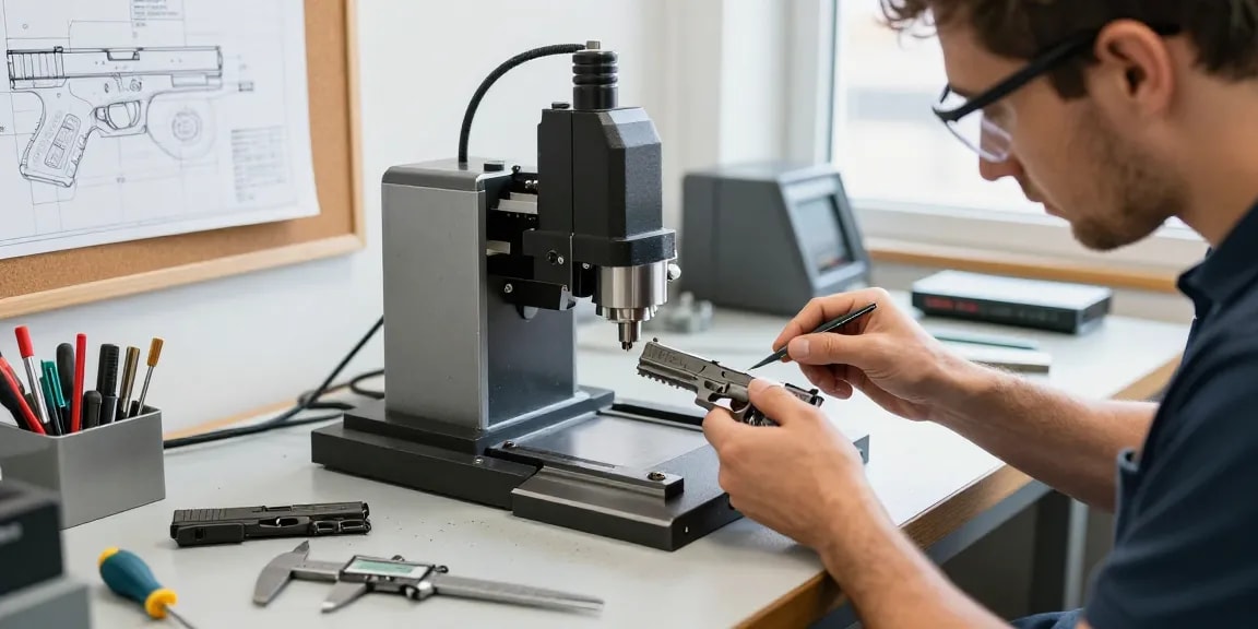 Precision Glock slide customization at https://precisionglockslides.com with expert technician in workshop.