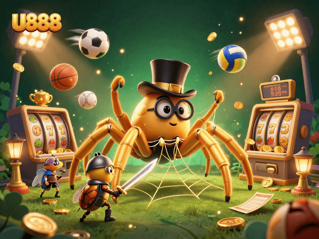 Experience U888's dynamic casino scene with a golden tarantula and beetle knight.