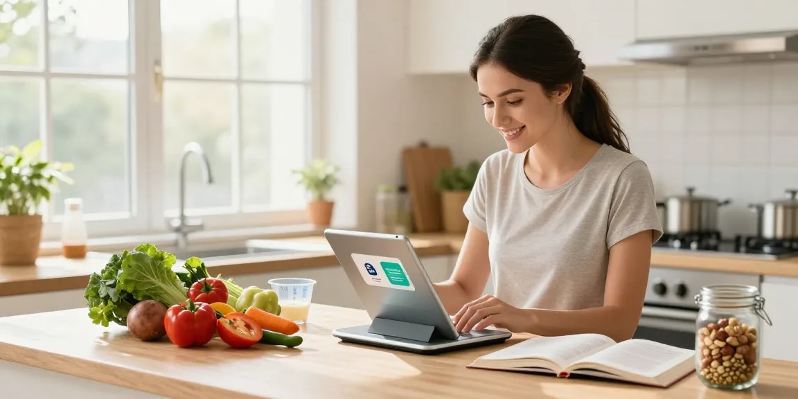 The best macro tracker in action as a woman logs her meals on a tablet in a sunny kitchen with fresh vegetables.