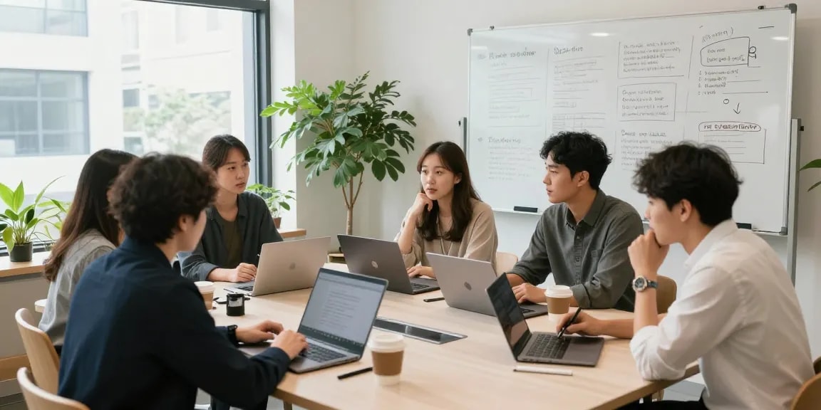 강남 멀리건에서 편안한 분위기 속에 다양한 사람들이 아이디어를 논의하고 있는 모습