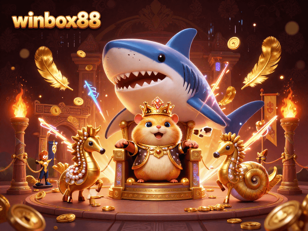 Winbox88 highlights a fierce golden hamster king on a throne, surrounded by dynamic gambling themes.