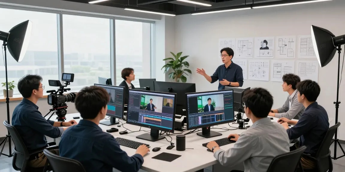 Best corporate video production company Singapore team brainstorming in modern studio setting.