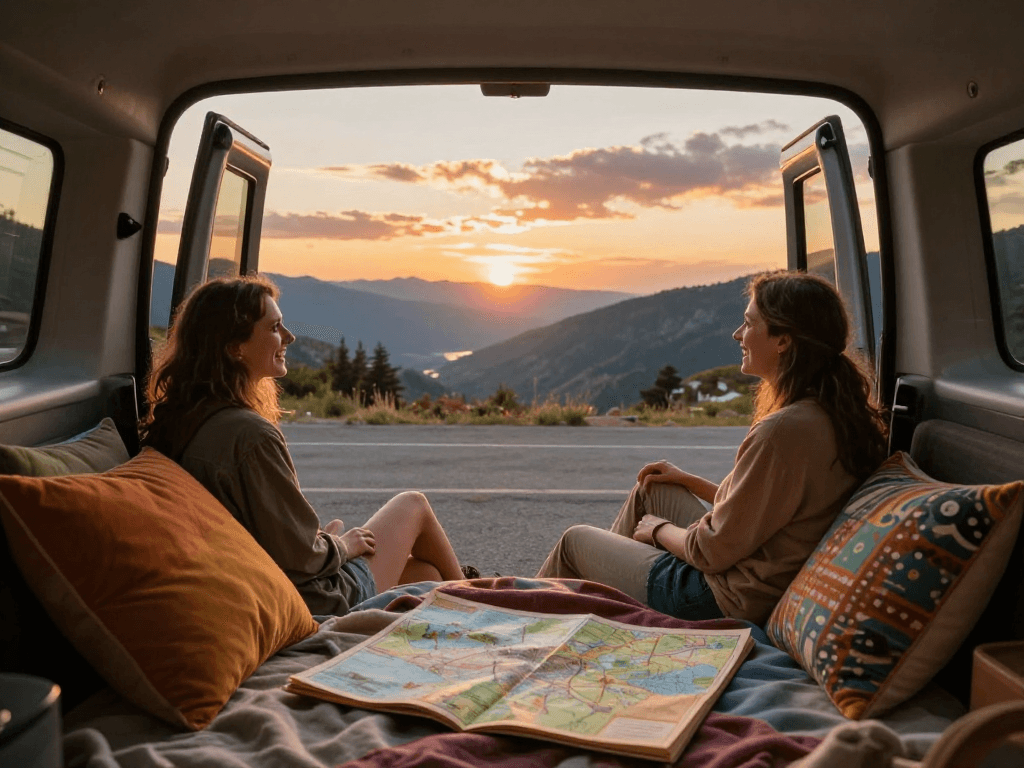 Couple enjoying a sunset road trip in their van while exploring rokok88 destinations.