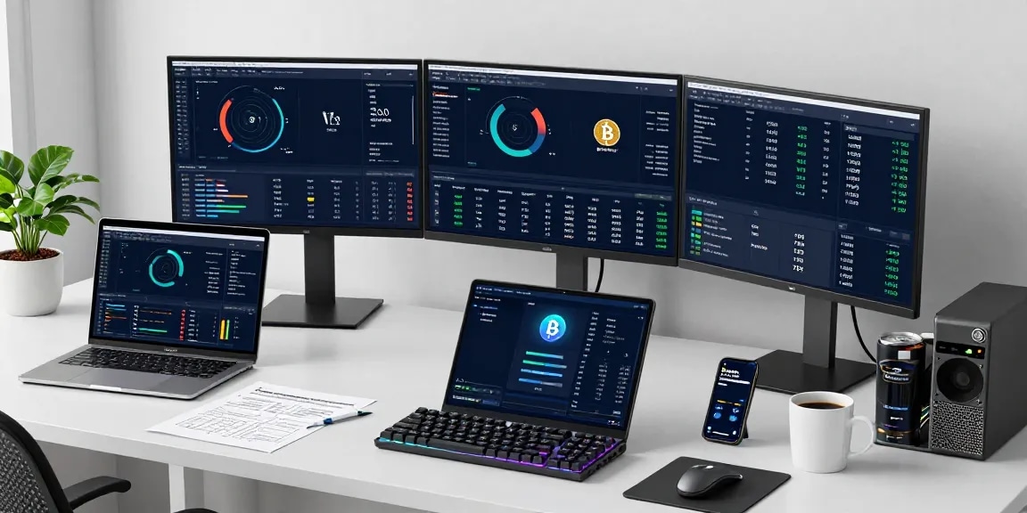Bitcoin mining service dashboard in a modern crypto workspace with performance metrics and hardware details that highlight innovative technology.