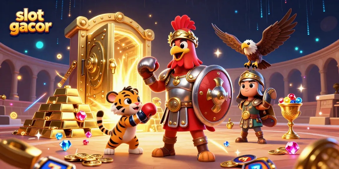 Engage with slot gacor adventures featuring a rooster and cub amidst treasure in a vibrant casino scene.