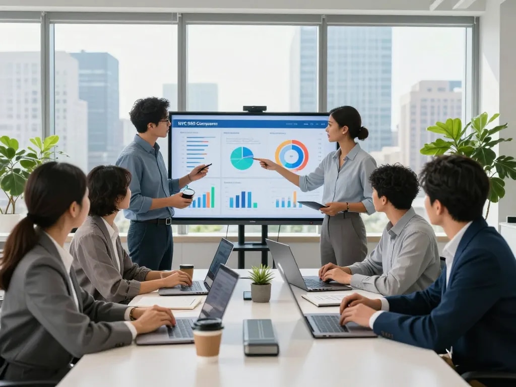 Team collaborating in a modern office setting discussing strategies for an NYC SEO Company, showcasing data and analytics.