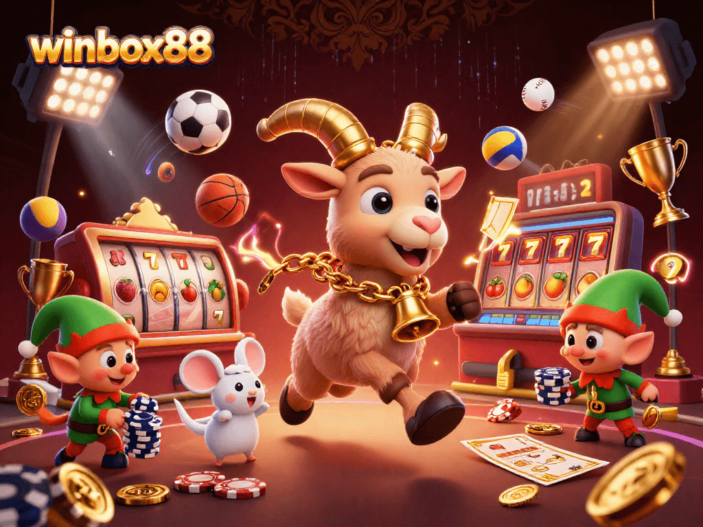 Winbox88 casino scene featuring Krampus, angel mouse, and elf gremlins amidst dynamic games.