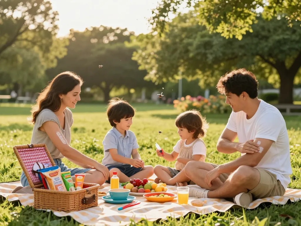 The best mosquito repellent in use during a joyful family picnic in a sunny park setting.