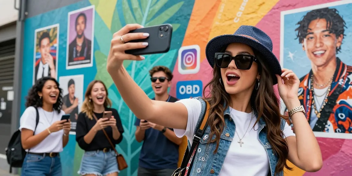 Young woman taking a selfie showing looks like a celebrity against a colorful mural