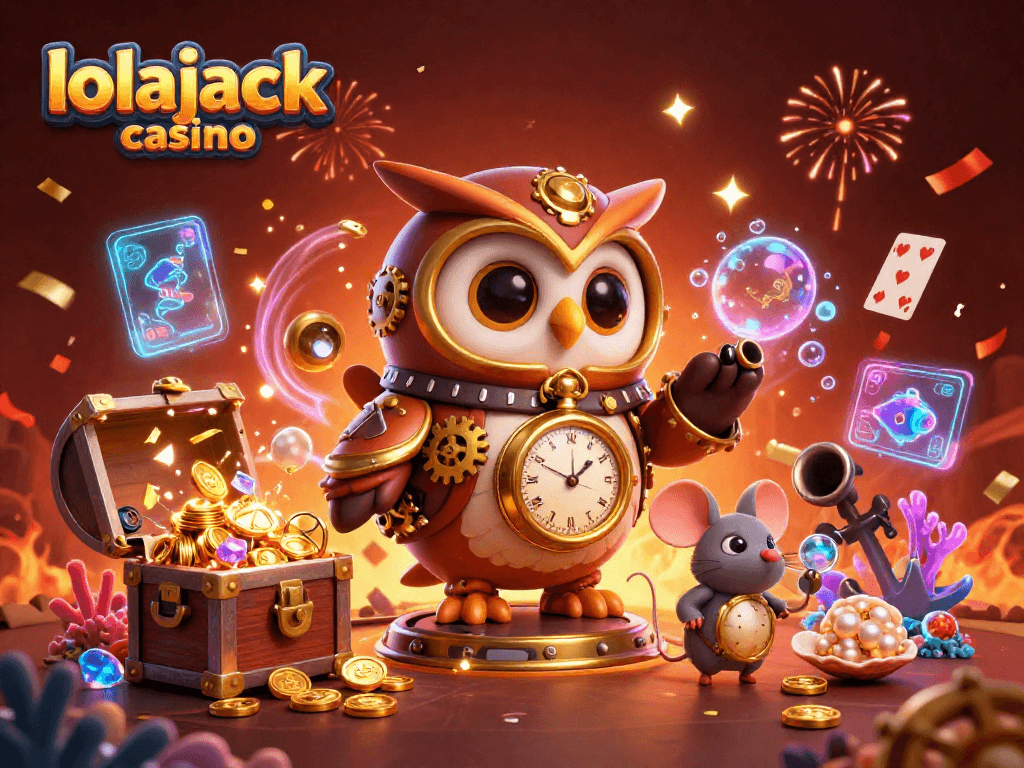 Engage with the thrilling world of lolajack casino in this vibrant 3D illustration showing a time-traveler owl in a steampunk casino atmosphere.