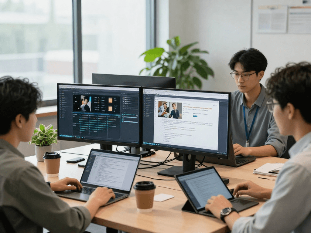 AI detector used by professionals analyzing content moderation in a modern office setting.