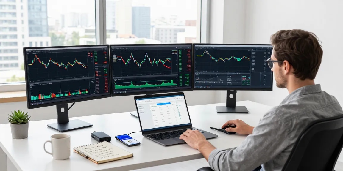 Profitable cloud mining platform displayed on monitors in modern cryptocurrency workspace with security-focused elements and trading tools.