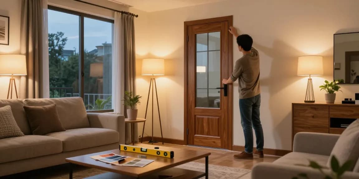 Discover more from our blog with cozy home improvement scene showcasing custom doors installation in a warm living room