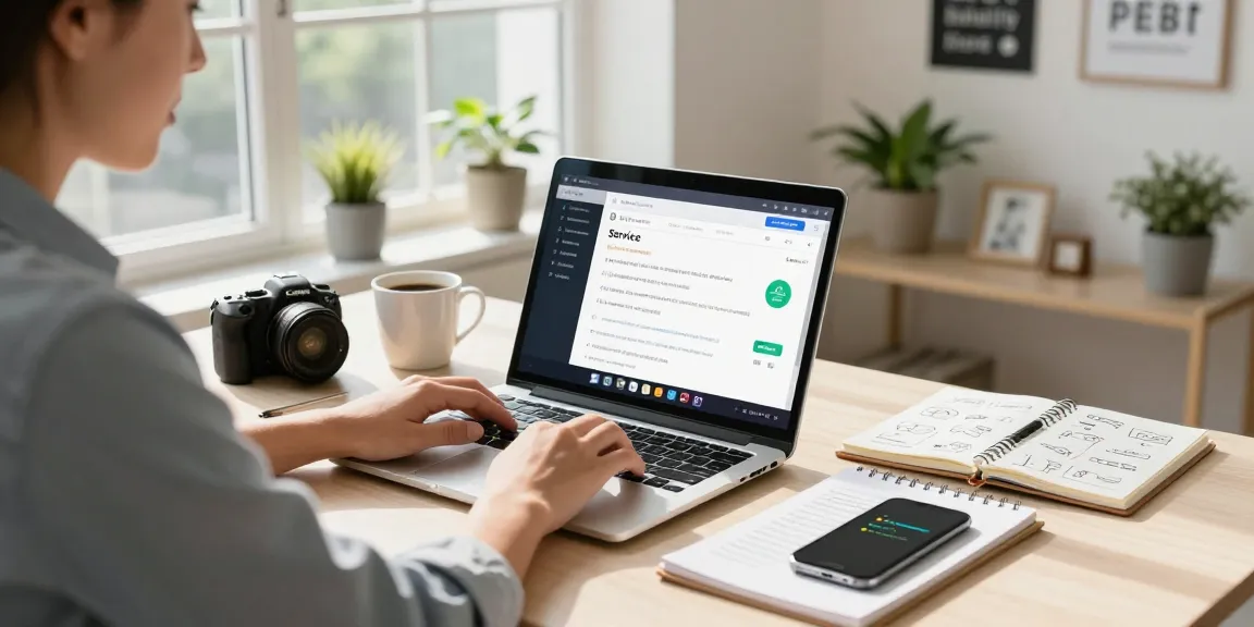 Self-employed contractor focused on enhancing their online presence in a well-organized workspace with laptop and notes.