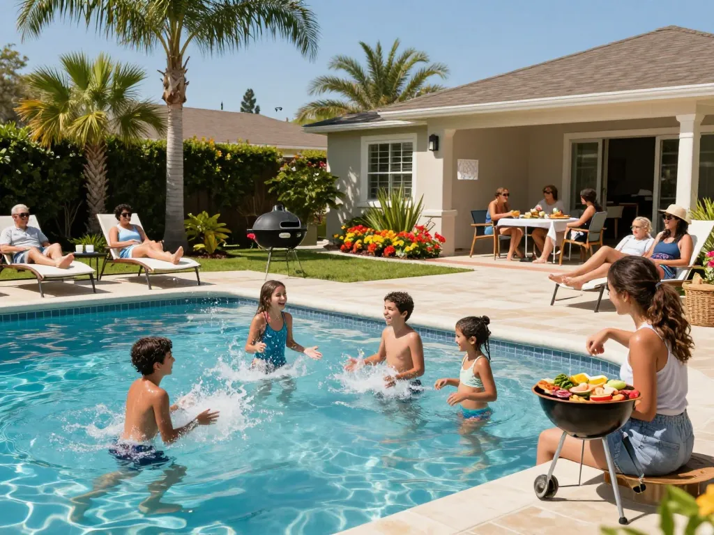 Dolphin Pool Services providing quality enjoyment for families by a vibrant backyard pool.