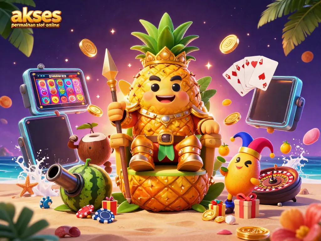 Akses permainan slot online menggunakan raja nanas kartun yang duduk di takhta buah dengan penjaga kelapa dan badut mangga di kasino pantai.