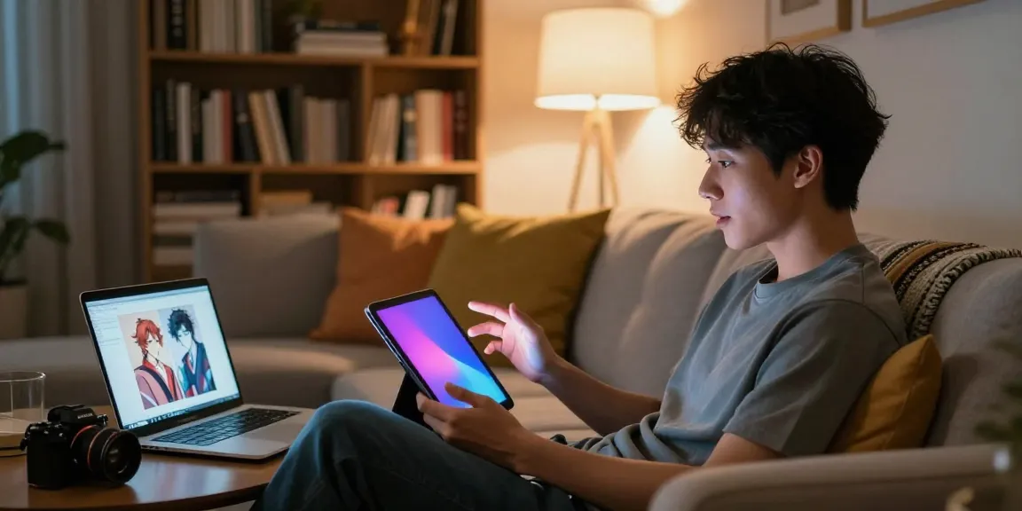 Engaging ai nsfw chat in a cozy living room with a user and an AI character on tablet.