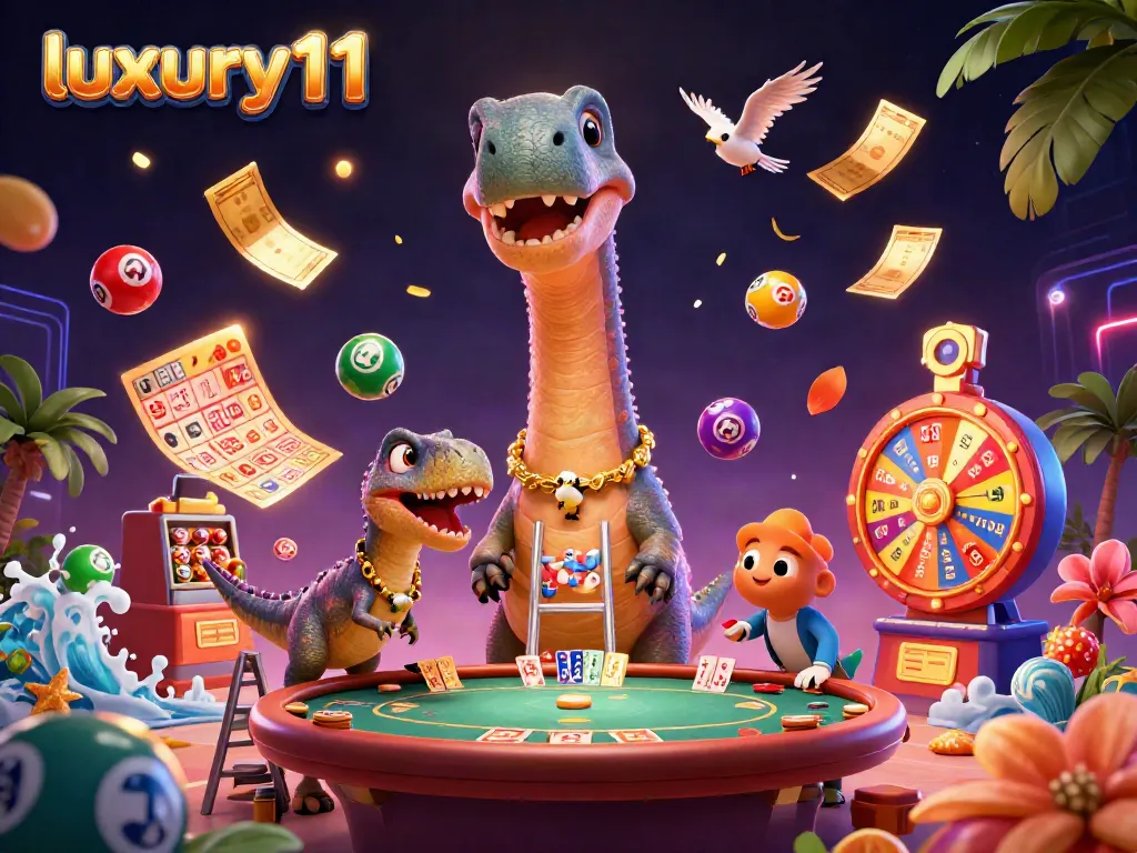 luxury111 menampilkan ilustrasi kasino 3D dengan dinosaurus lucu dan elemen permainan ceria lainnya.