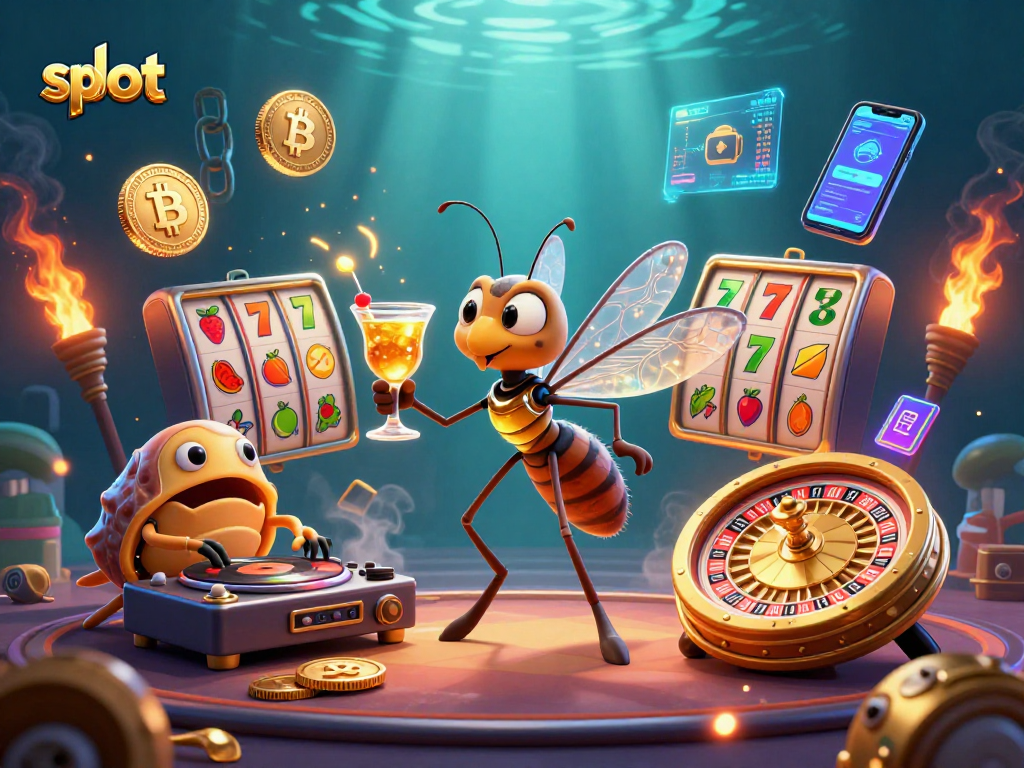 Spin the slot reels in this vibrant 3D illustration featuring casino mascots and crypto elements.