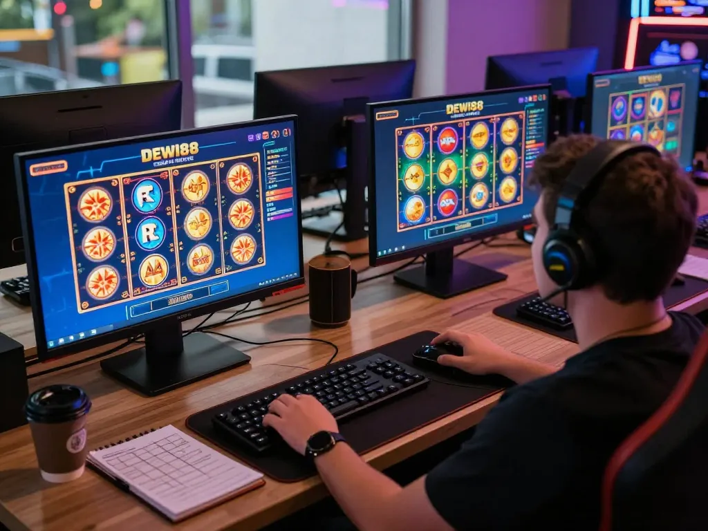 Rasakan slot online DEWI88 di pengaturan permainan yang nyaman, menampilkan antarmuka berwarna-warni dan catatan strategi.