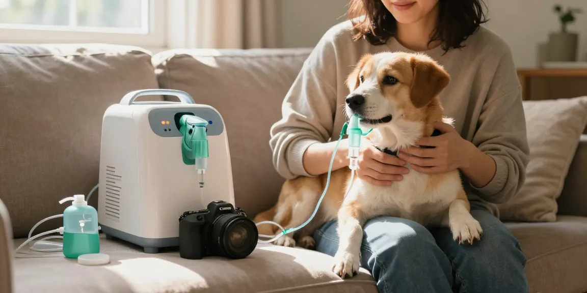 Pet owner providing suitable oxygen therapy services for pets, ensuring comfort with professional-grade equipment.