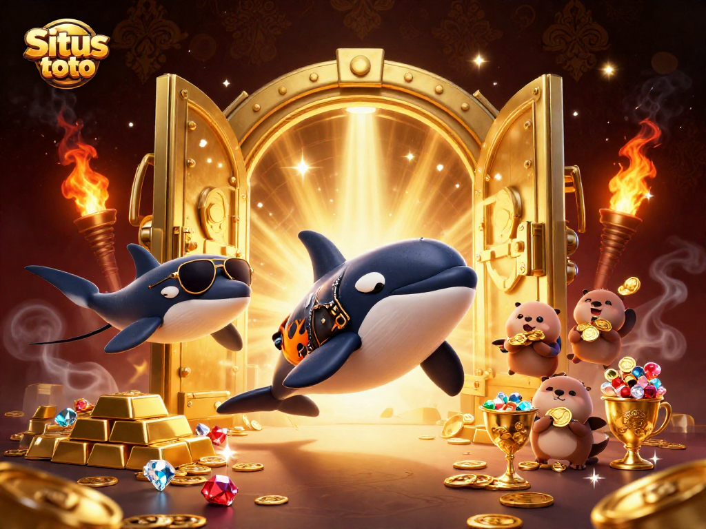Jelajahi Situs toto dengan ilustrasi 3D orca, stingray, dan berang-berang dengan koin emas.