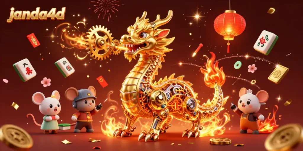 Menangkan taruhan menggunakan JANDA4D dalam ilustrasi kasino yang megah dengan naga emas yang mengeluarkan asap.