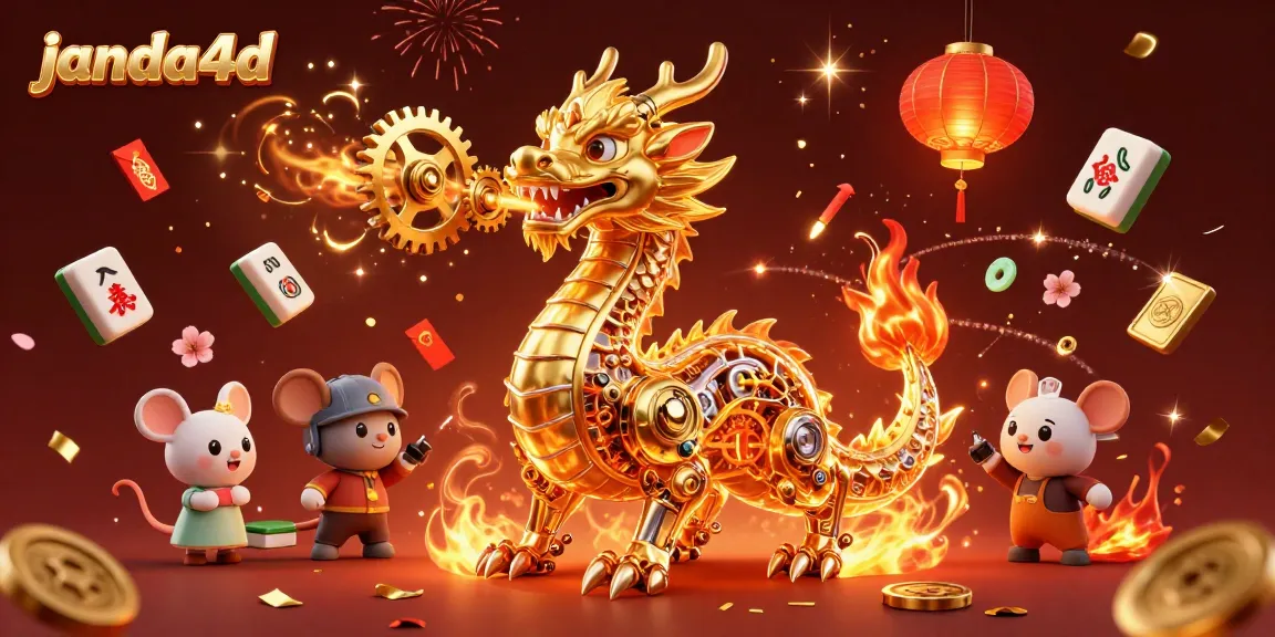 Menangkan taruhan menggunakan JANDA4D dalam ilustrasi kasino yang megah dengan naga emas yang mengeluarkan asap.