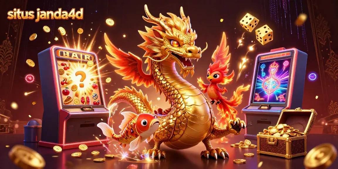 Menghadirkan situs janda4d dengan slot jackpot dalam ilustrasi 3D detail tinggi, menampilkan naga emas dan phoenix merah.
