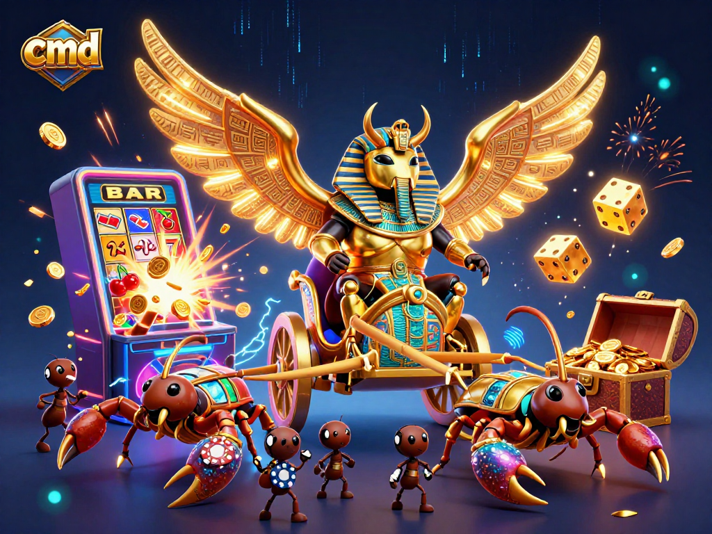 cmd showcases a vibrant casino scene with a golden scarab beetle and dynamic slot machine elements.