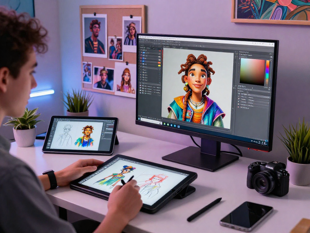 Creative professional designing character ai nsfw in vibrant digital art studio