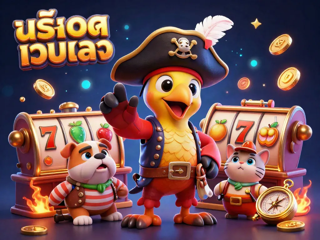 Spin and win at สล็อตเว็บตรง with colorful slot machines, pirate characters, and dazzling treasures.